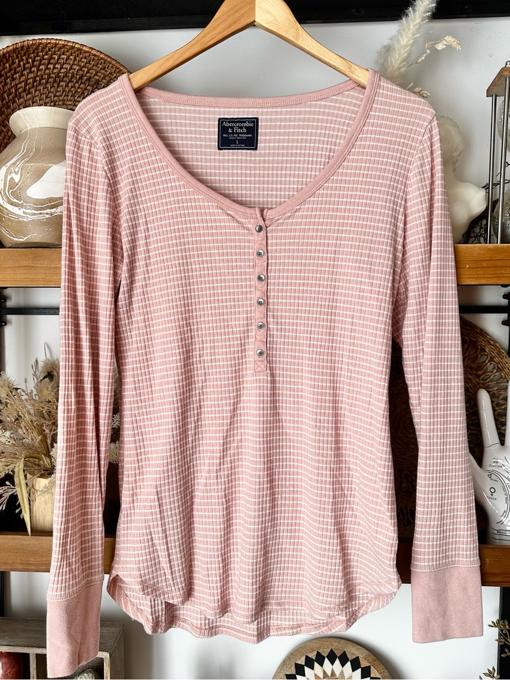 Abercrombie & Fitch pink striped henley long sleeve Y2K style